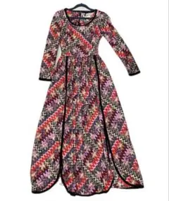 幾何学模様 ロングワンピース 赤 ピンク 花柄 レトロ 派手 ドレス S M