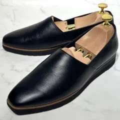 極美品☆ペダラ／本革 スリッポン 24.5cm 黒 ウェッジヒール スクエアトゥ