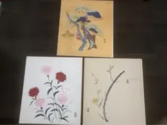 【昭和レトロ、ビンテージ】ちぎり絵　色紙　日本画 花木3点セット