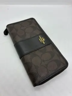 Coach 長財布 ブラウン 合成皮革　シグネチャー　ラウンドファスナー