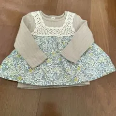 90サイズ レース付きフラワープリントTシャツ