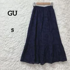 GU ジーユー コットンレースティアードロングスカート ネイビー ウエストゴム