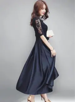 【新品】FASHIONFANロイヤルレース サテンエレガンスドレス S ブラック