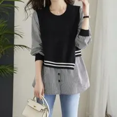 新品 ニットベスト×ストライプシャツ ドッキングプルオーバー 黒 大人可愛い