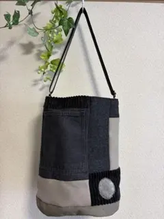 ハンドメイド☆異素材パッチワーク　丸底ショルダートートバッグ