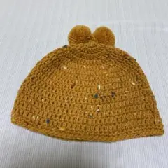 ポンポン付き マスタード ベビー、キッズ 帽子 ハンドメイド 手編み 毛糸