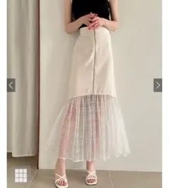 スパンコール　チュール　ジップスカート　ベージュ レース ロングスカート