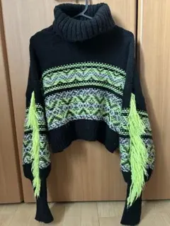 【再値下げ】EVRIS フリンジ ニットセーター 黒/緑　定価8250円