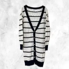 ファビュラス　ボーダー　ラメ　ロングカーディガン　春　紺　白　Ｖネック　かぎ編み