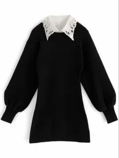 GRL レース襟付きニットミニワンピース dr655 ブラック
