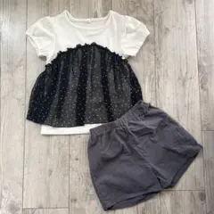 しまむら ドット柄 リブトップス ショートパンツ セット 120のサムネイル