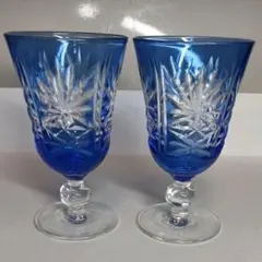 青いカットガラスワイングラス2個セット