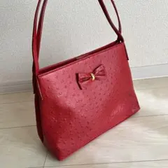 オーストリッチ風 レッド リボン付き ハンドバッグ