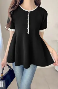 GRL ペプラムニット 半袖 ブラック ホワイトパイピング