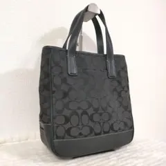 【美品】COACH シグネチャー キャンバス レザー トートバッグ 黒 6092