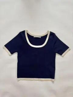 【美品】レディース サマーニット バイカラー 半袖 トップス ネイビー チビTのサムネイル
