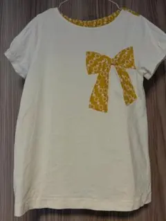 hakka kids リボン付き花柄切替Tシャツ オフ白×マスタード 140cm
