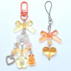 ビーズキーホルダー ビーズストラップ オレンジ リボンハート 韓国y2k 2点