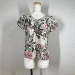 ローラアシュレイ 小花柄 リネン混 Vネックカットソー 9 M ベージュ 半袖