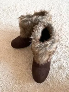 ブラウン ファー付きウェッジヒールブーツ ショートブーツ L 可愛い