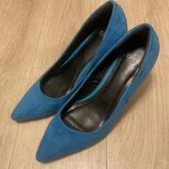 青 スエード 中ヒールパンプス