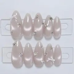 【現品】ネイルチップ 韓国風 マグネット シンプル リボン ピンク ラメビジュー