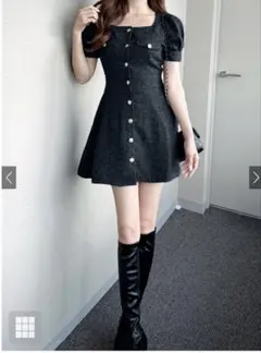 GRL ツイードスクエアネックフレアミニワンピース[tg647] Sサイズ 黒