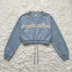 Y2K PUMA クロップド Vネックスウェット くすみブルー ショート丈