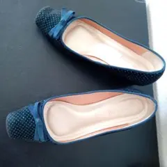 リボン付きネイビー ドットバレエシューズ　Mariefemme