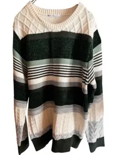 【イッカ】ストライプ ケーブル編み ニットセーター　L レディース