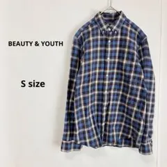 ビューティー&ユース　ボタンダウンシャツ　S チェック柄　ブルー　長袖