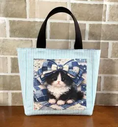 ハンドメイド　かわいいリボン猫ちゃん(ハチワレ)ミニトートバッグ