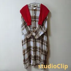 ☆美品☆studioCLIPブラウンチェック七分袖シャツワンピース