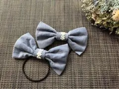 ヘアゴム　リボン お揃い　おしゃれ　ヘアアクセ　コーデュロイ　ブルー　冬　発表会