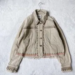 ザラ|ステッチワーク デニムジャケット【XS】フリンジトリム オリーブグリーン