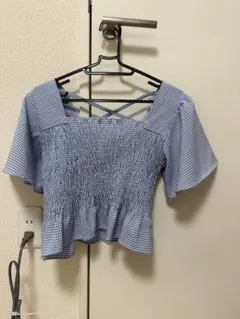 ギンガムチェック 半袖ブラウス　ブルー