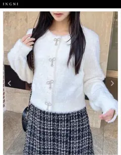 INGNI カーディガン　春服　クルーネックリボンボタンフェザーニットカーディガ