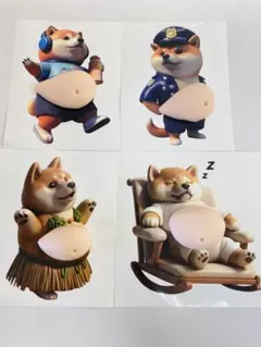 3D立体 可愛い柴犬お腹ぷにぷにシール 4匹セット スクイーズ もっちり 肉球