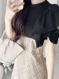 mily bilet ダブルフリル袖チェックレースドッキングワンピース S