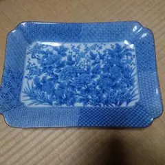 【昭和レトロ】青色花柄デザイン皿 約32cm x 約23cm