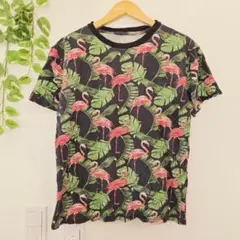 フラミンゴ ボタニカル 総柄 Tシャツ 半袖 L 黒 ブラック 綿 夏 リゾートのサムネイル
