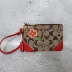 0596COACH コーチ シグネチャー フラワー コインケース ミニバッグ 赤
