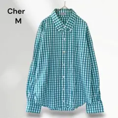 シャツ　ブラウス　M　緑　ギンガムチェック　ボタンダウン　日本製　113