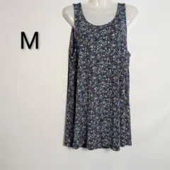 ノースリーブチュニック443 Mサイズ 青系 花模様 伸縮性 春夏 未使用