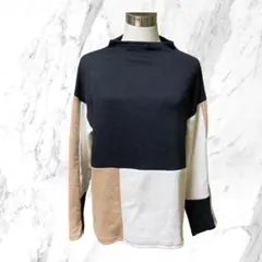 ✨良品✨ ニット ブロックデザイン M L モックネック 配色 セーター 黒