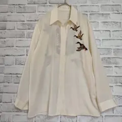 オットー M 鳥柄 長袖シャツ 刺繍風 レトロ 白 春秋のサムネイル