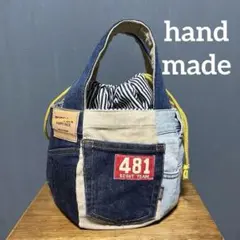 263 デニムリメイク　ころりん　バルーン　巾着　usedデニム✖️コーデュロイ