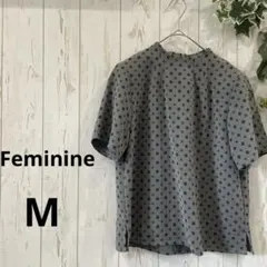 Feminine 半袖トップス　昭和レトロ　総柄　グレー　M 肩パッド