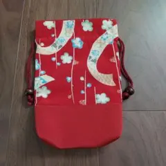 赤い花柄 和装用バッグ 約20cm x 13cm