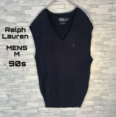 【USA古着】90s ラルフローレンニットベストM Vネック　ブランド刺繍
